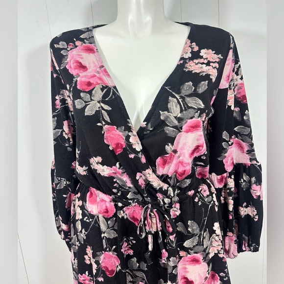 NWT Maurices Sz L Double Breast Floral Knit Mini Dress Long Balloon Sleeve VNeck - Picture 2 of 13